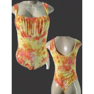 Leith Orange Yellow Tie Dye Ruched Mesh Lined Square Neck Sleeveless Bodysuit XL
